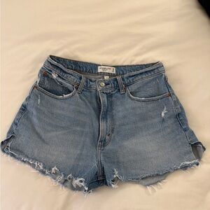 Abercrombie & Fitch The Mom Short, High Rise, Blue Frayed Jean Short